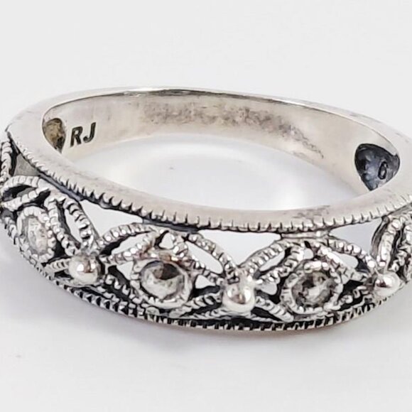 RJ 925 Silver Open Cut Filigree Floral CZ Wedding Band Ring Set Sz 6 - Picture 5 of 6